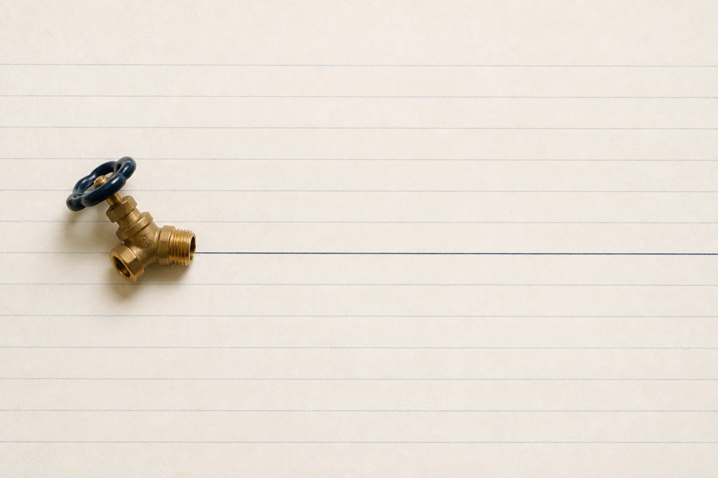 A brass pipe fitting with an open valve on a ruled sheet, a single fine line drawn away from its mouth