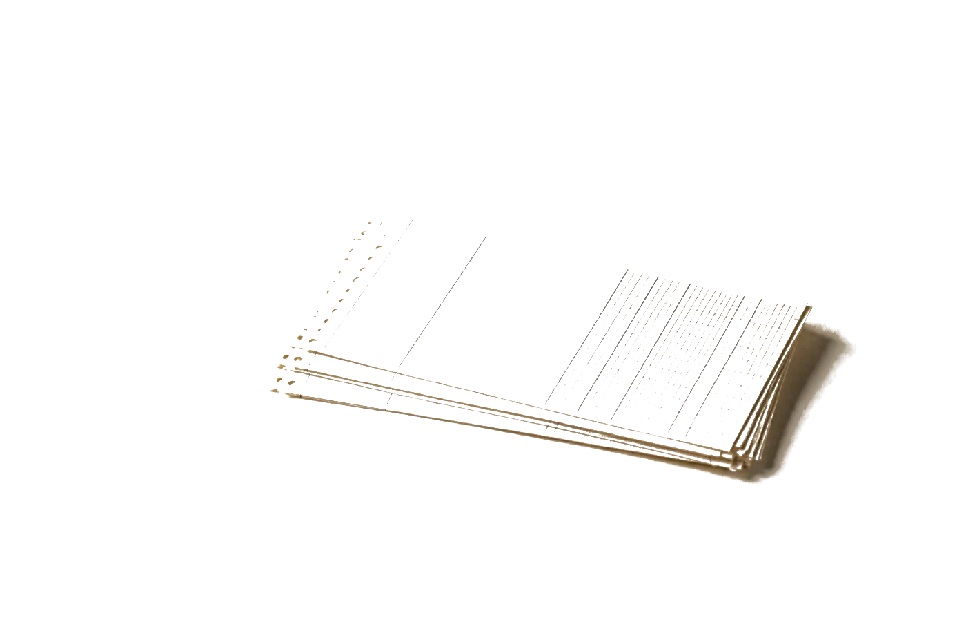 A stack of ruled ledger sheets fanned slightly on a desk so their edges catch the light