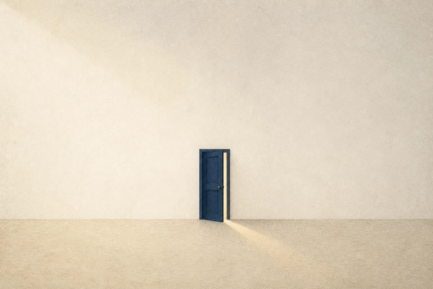 A door standing slightly ajar in a blank wall, with a thin line of light falling through the gap